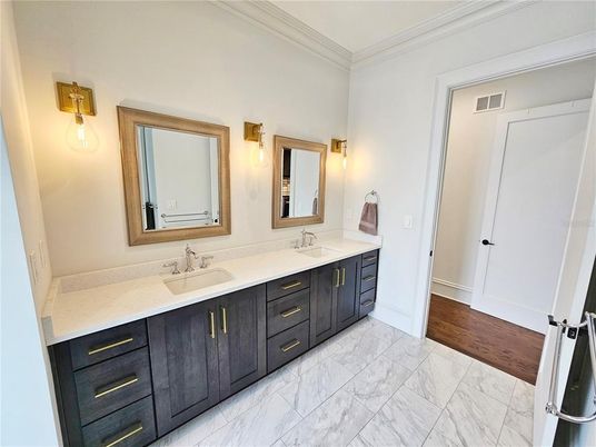 Bathroom, Dual Sink Vanities, Interior, Marble, Wood Texture Flooring