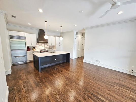 Interior, Kitchen, Pendant Lights, Recessed Lighting, Wood Texture Flooring
