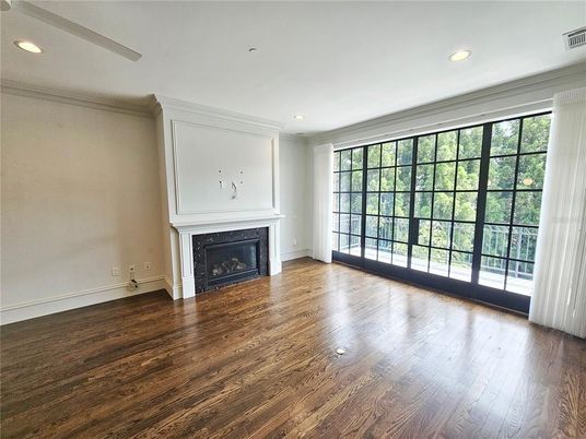 Empty room, Fireplace, Interior, Recessed Lighting, Wood Texture Flooring