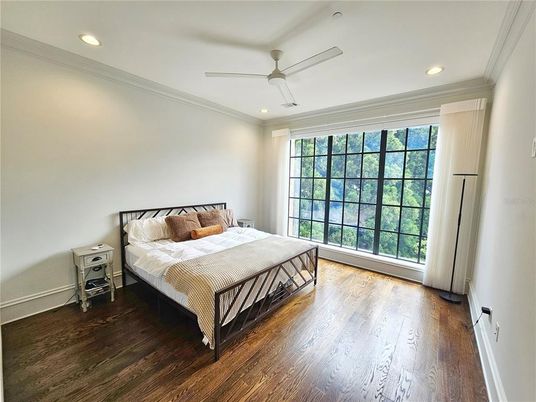 Bedroom, Interior, Recessed Lighting, Wood Texture Flooring