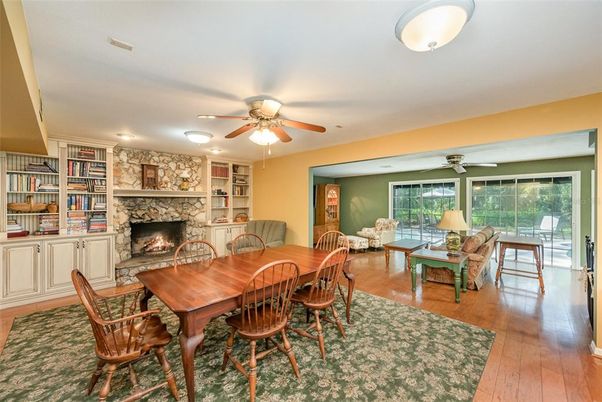 Dining room, Fireplace, Interior, Living room, Stone Walls, Wood Texture Flooring