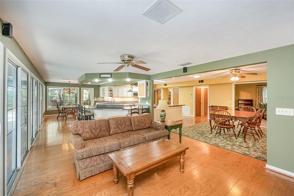 Dining room, Interior, Kitchen, Living room, Recessed Lighting, Wood Texture Flooring