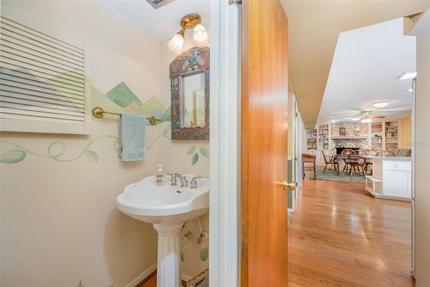 Bathroom, Dining room, Interior, Recessed Lighting, Stone Walls, Wood Texture Flooring