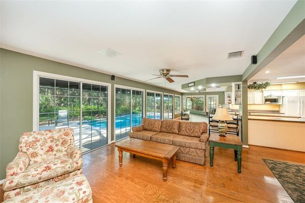 Interior, Kitchen, Living room, Recessed Lighting, Stainless Steel Appliances, Wood Texture Flooring