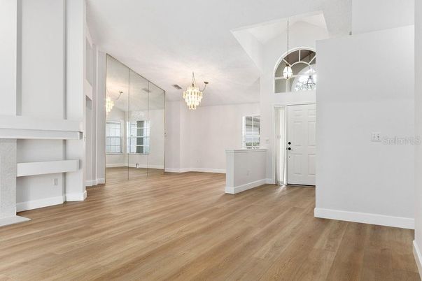 Chandelier, Empty room, Interior, Pendant Lights, Wood Texture Flooring
