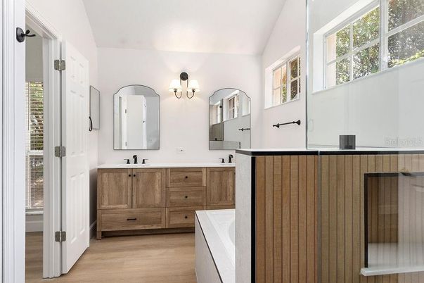 Bathroom, Dual Sink Vanities, Interior, Wood Texture Flooring