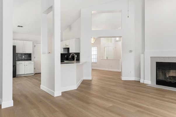 Fireplace, Interior, Kitchen, Wood Texture Flooring