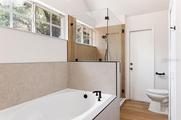 Bathroom, Glass Shower, Interior, Wood Texture Flooring