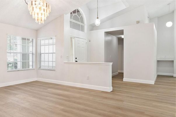 Chandelier, Empty room, Interior, Pendant Lights, Wood Texture Flooring