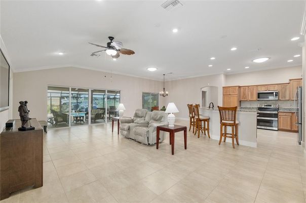 Dining room, Interior, Kitchen, Living room, Pendant Lights, Recessed Lighting, Stainless Steel Appliances