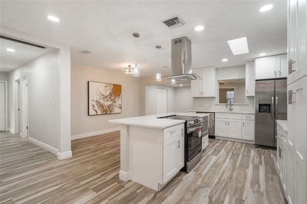 Interior, Kitchen, Pendant Lights, Recessed Lighting, Stainless Steel Appliances, Wood Texture Flooring