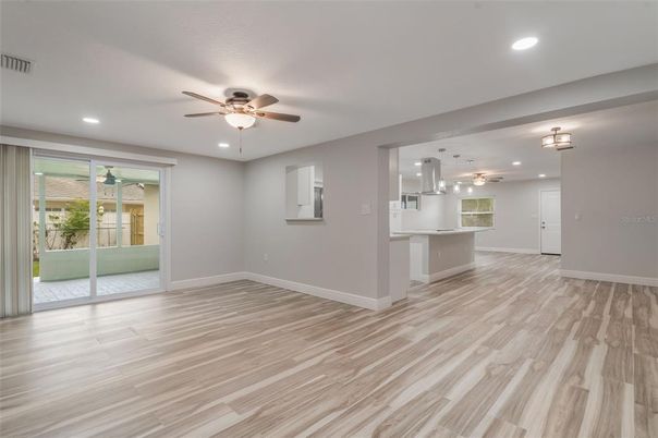 Empty room, Interior, Kitchen, Pendant Lights, Recessed Lighting, Wood Texture Flooring