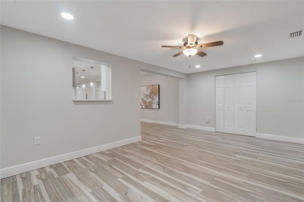 Empty room, Interior, Recessed Lighting, Wood Texture Flooring
