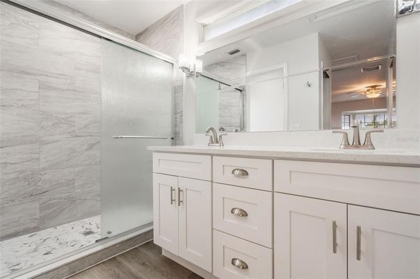 Bathroom, Glass Shower, Interior, Marble Walls, Wood Texture Flooring