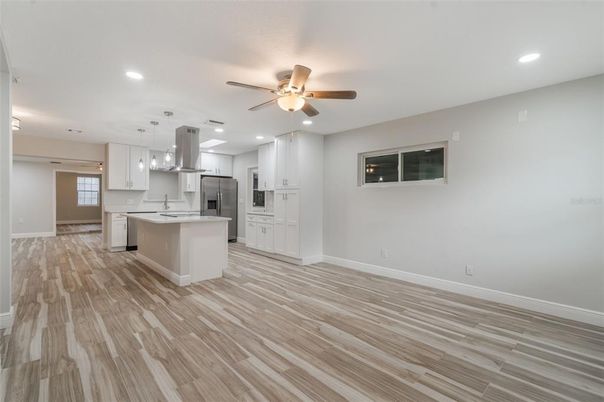 Interior, Kitchen, Pendant Lights, Recessed Lighting, Stainless Steel Appliances, Wood Texture Flooring