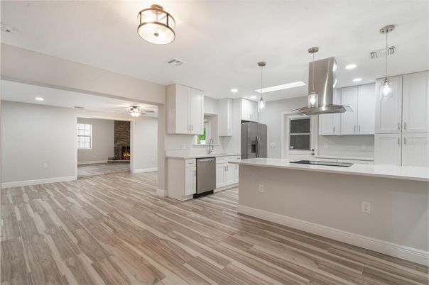Fireplace, Interior, Kitchen, Pendant Lights, Recessed Lighting, Stainless Steel Appliances, Wood Texture Flooring