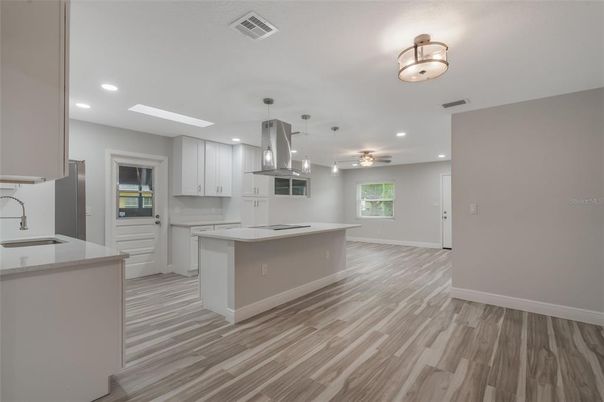 Interior, Kitchen, Pendant Lights, Recessed Lighting, Wood Texture Flooring