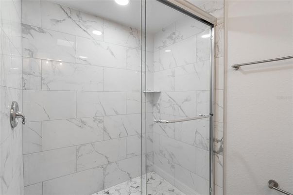 Bathroom, Glass Shower, Interior, Marble Walls, Recessed Lighting