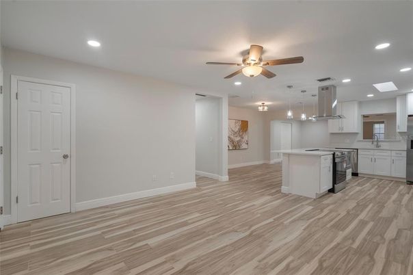 Interior, Kitchen, Pendant Lights, Recessed Lighting, Wood Texture Flooring