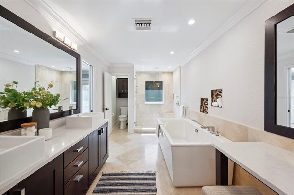 Bathroom, Dual Sink Vanities, Free Standing Baths, Interior, Recessed Lighting