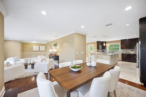 Dining room, Interior, Kitchen, Living room, Pendant Lights, Recessed Lighting, Stainless Steel Appliances, Wood Texture Flooring