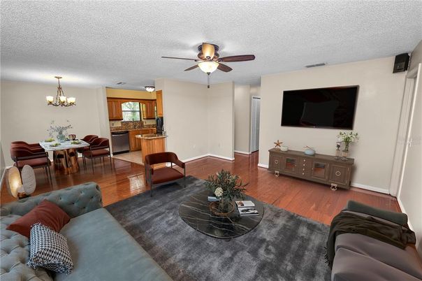 Chandelier, Dining room, Interior, Kitchen, Living room, Wood Texture Flooring