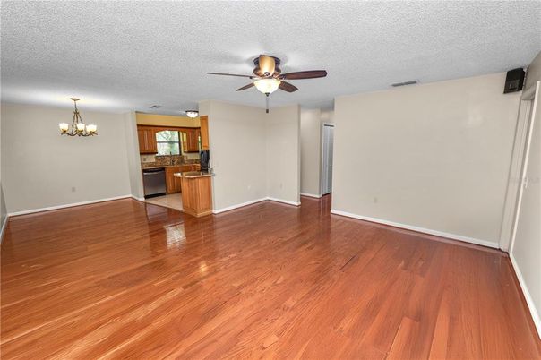 Chandelier, Empty room, Interior, Kitchen, Wood Texture Flooring