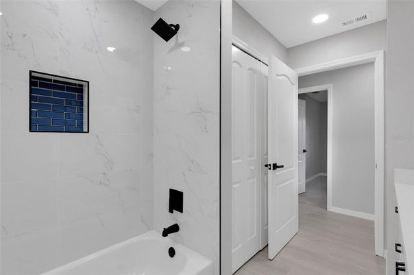 Bathroom, Interior, Marble Walls, Recessed Lighting, Wood Texture Flooring