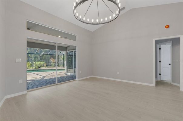 Empty room, Interior, Pendant Lights, Recessed Lighting, Wood Texture Flooring