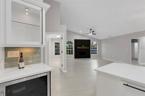 Empty room, Interior, Kitchen, Recessed Lighting, Wood Texture Flooring