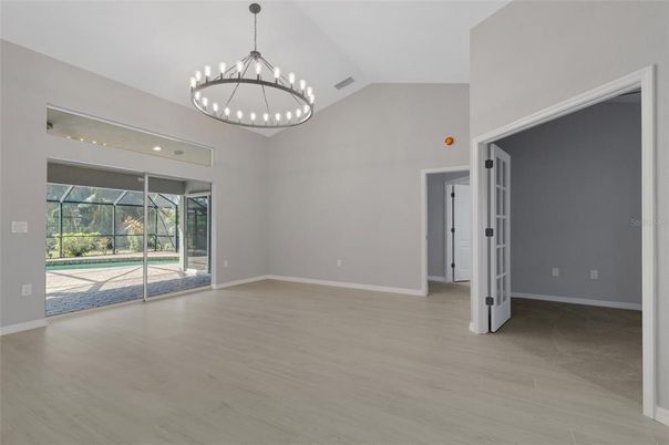 Empty room, Interior, Pendant Lights, Recessed Lighting, Wood Texture Flooring