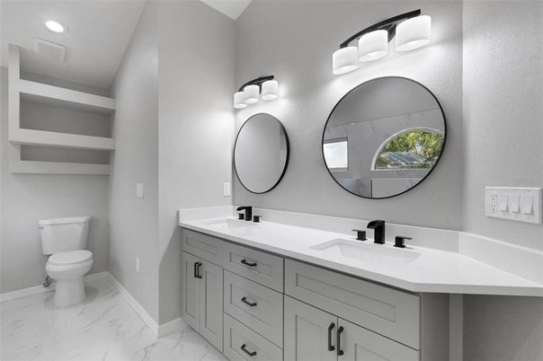 Bathroom, Dual Sink Vanities, Interior, Marble, Recessed Lighting