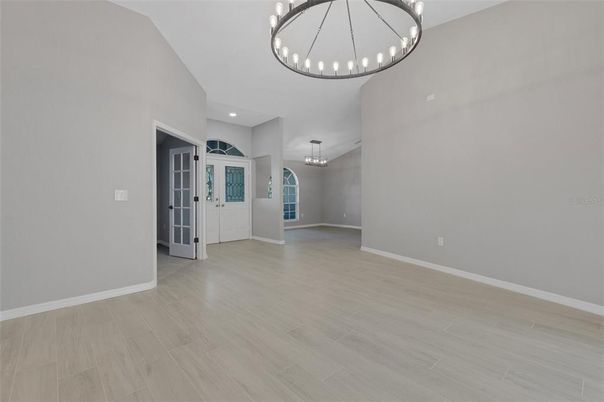 Chandelier, Empty room, Interior, Pendant Lights, Recessed Lighting, Wood Texture Flooring