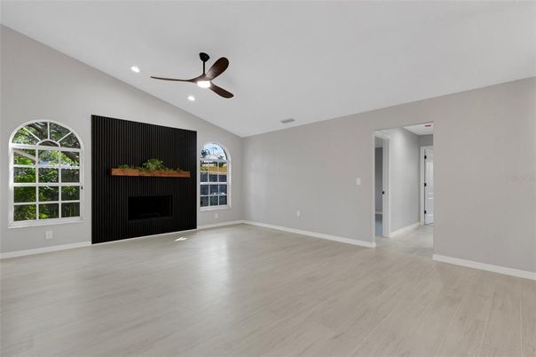 Empty room, Fireplace, Interior, Recessed Lighting, Wood Texture Flooring
