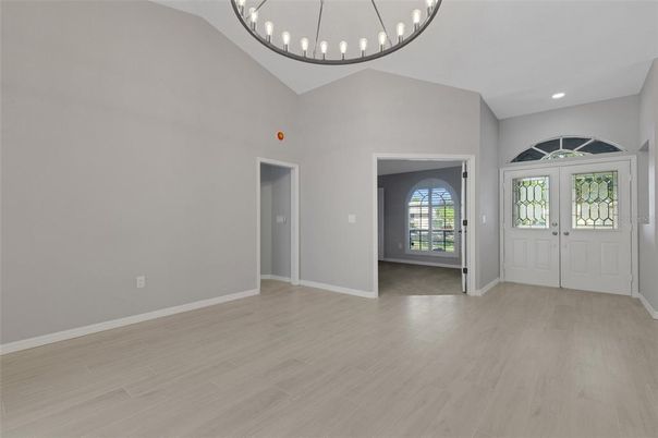 Empty room, Interior, Pendant Lights, Recessed Lighting, Wood Texture Flooring