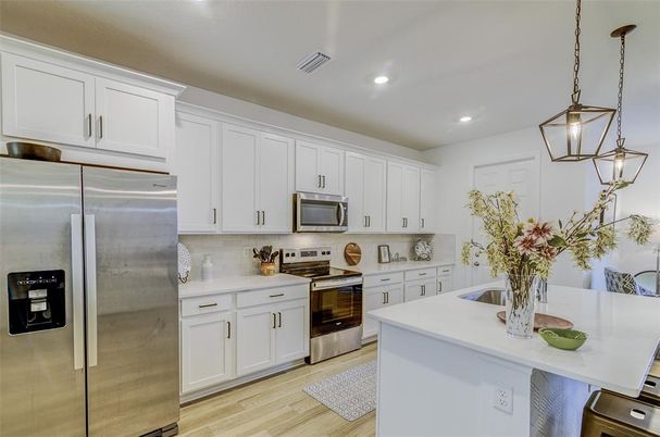 Interior, Kitchen, Pendant Lights, Recessed Lighting, Stainless Steel Appliances, Wood Texture Flooring