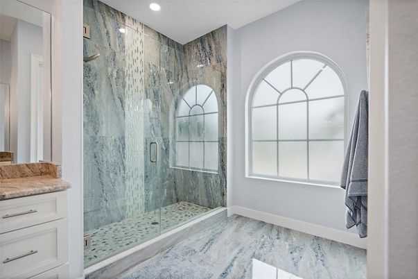 Bathroom, Glass Shower, Interior, Marble Walls, Recessed Lighting