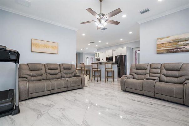 Interior, Kitchen, Living room, Marble, Recessed Lighting, Stainless Steel Appliances