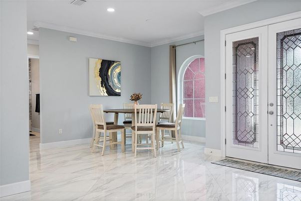 Dining room, Interior, Marble, Recessed Lighting