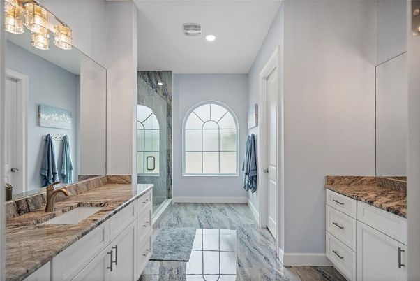 Bathroom, Dual Sink Vanities, Interior, Marble, Recessed Lighting