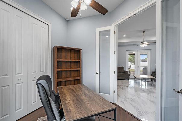 Home Office, Interior, Marble, Recessed Lighting, Wood Texture Flooring