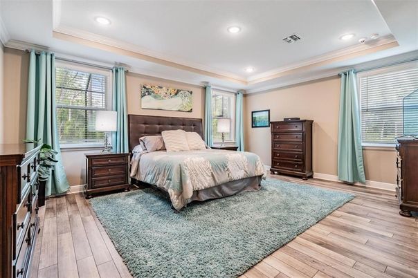 Bedroom, Interior, Recessed Lighting, Wood Texture Flooring