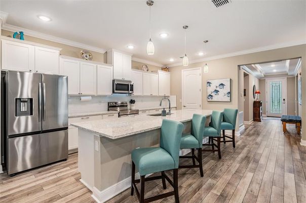 Interior, Kitchen, Pendant Lights, Recessed Lighting, Stainless Steel Appliances, Wood Texture Flooring