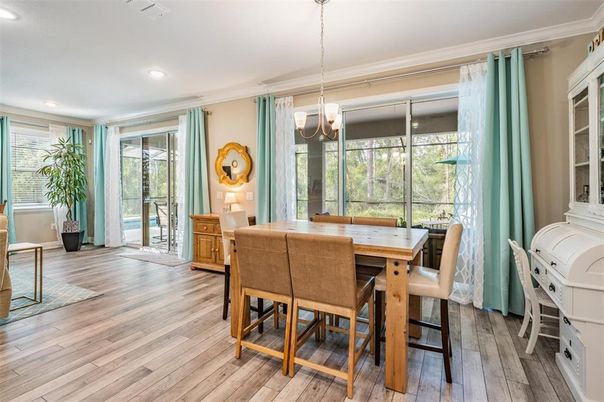 Chandelier, Dining room, Interior, Recessed Lighting, Wood Texture Flooring