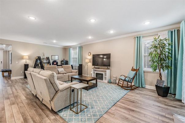 Fireplace, Interior, Living room, Recessed Lighting, Wood Texture Flooring