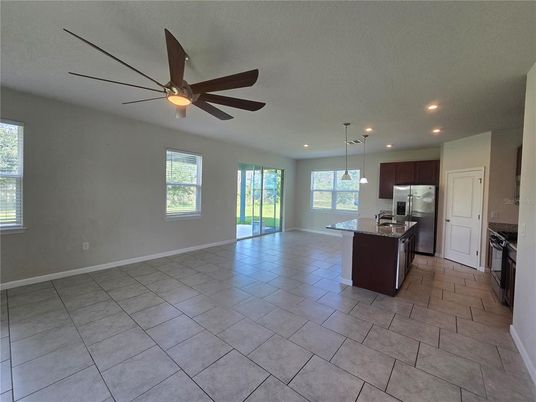 Empty room, Interior, Kitchen, Pendant Lights, Recessed Lighting, Stainless Steel Appliances