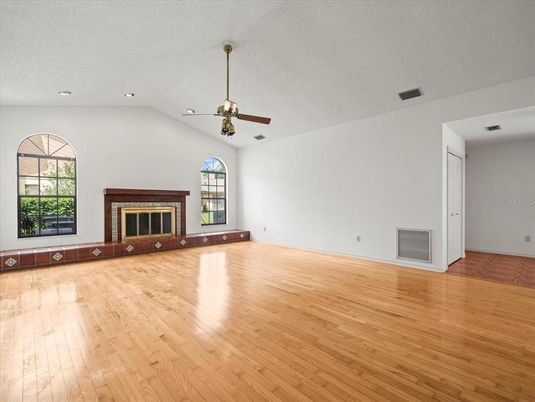 Empty room, Fireplace, Interior, Recessed Lighting, Wood Texture Flooring