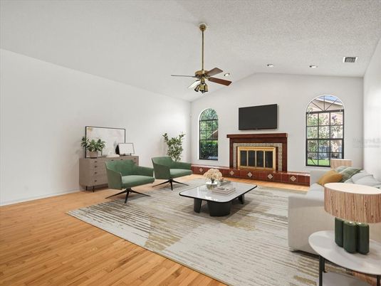 Fireplace, Interior, Living room, Recessed Lighting, Wood Texture Flooring