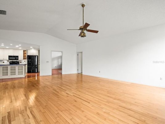 Empty room, Interior, Kitchen, Recessed Lighting, Wood Texture Flooring