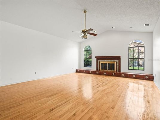 Empty room, Fireplace, Interior, Recessed Lighting, Wood Texture Flooring